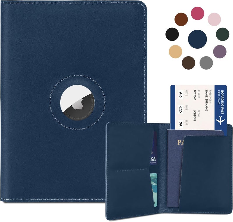 Kicoroiny Airtag Passport Holder for Women Men Travel, Real Leather Passport Wallet, Handmade Passport Cover Case with Airtag Slot, Travel Must Haves Essentials Accessories Birthday Gifts (Crazy Horse, Blue) - Image 1